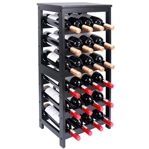 Thalomely Wine Rack Free Standing Floor, 6-Tier 24 Bottles Display Wine Storage Shelves with Table Top, Easy-Assembly Freestanding Bamboo Wine Racks for Kitchen Dining Room Bar, Black