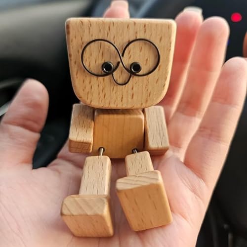 Yooyan Schüttelnde Holzmann-Figur, Charmante Holzfigur mit einem Lächeln, Wackelnde Holzfiguren, Lebendig Wackelkopf-Autodekoration, Handgefertigte Auto Dekoration, Geschenke für Männer