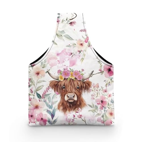 Image of ZUXONGSY Highland Cow Crochet Yarn Bag for Women Pink Floral Knitting Tote Bag for on The Go Travel Portable Knitting Project HanbBag for Crochet Hooks