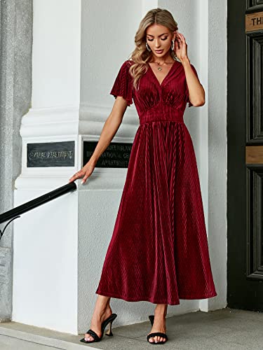 Image of Simplee Women's V Neck Velvet Maxi Dress Short Sleeve Empire Waist Long Formal Dress for Wedding Guest