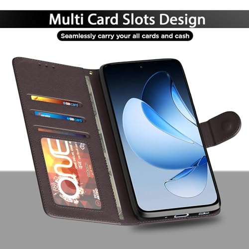 Image of Pikkme Flip Cover Leather Finish | Inside TPU with Card Pockets | Wallet Stand and Shock Proof | Complete Protection Button Flip Case for Oppo Reno 13 5G(Coffee)