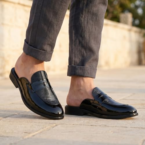 Image of BXXY Men's Office & Outdoor Wear Slip On Loafers and Casual Mules for Men with Embossed Patent Leather Material and Anti-Skid TPR Sole.