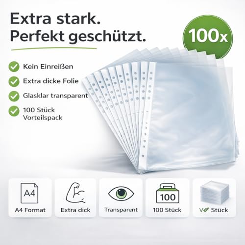 100x Prospekthüllen - extra dick - A4 Hefthülle Buchumschlag transparent DIN A4 - Klarsichthüllen mit Lochung - Folienhüllen zum Abheften - Prospekthülle Folie & Hüllen