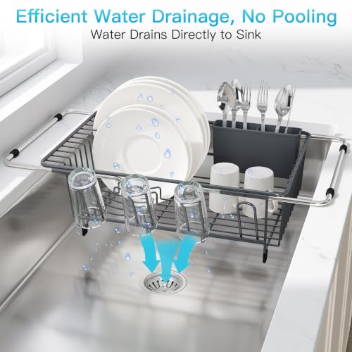 Image of JASIWAY Gray Dish Drying Rack in Sink, Dish Drainer with Utensil Holder