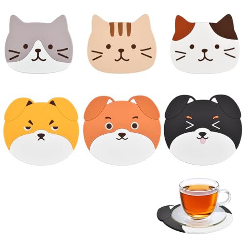 6 Piezas Posavasos de Silicona Gato y Perro, Posavaso Antideslizante Reutilizable y Resistente al Calor, Lavable para Café Té Vino Cocina Mesa Oficina Decoración Regalo