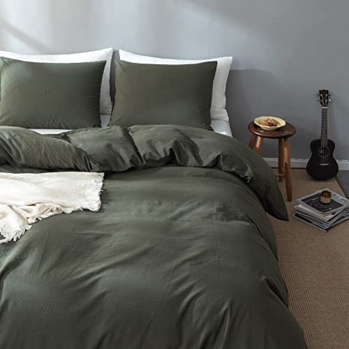 Enjoybridal Dark Green Duvet Cover Twin Washed Cotton Farmhouse Bedding Set Twin Hotel Girls Boys Preppy Teen Textured Soft Simply Modern Solid Color Duvet Cover Set With Zipper Closure, No Duvet #TOP2