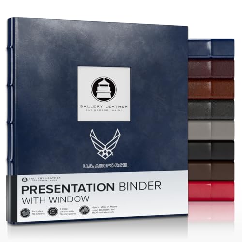 Gallery Leather Personalized 3 Ring Presentation Binder with Window, Plastic Sleeves and Hubbed Spine, Custom Binder Includes 10 Sheets, Sheet Size: 8.5" x 11", Thick: 1.25" Acadia Navy - US Air Force