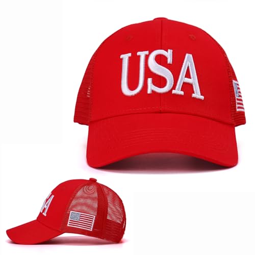 Image of USA Trucker Hat for Men & Women American Flag Cap Adjustable Baseball Cap Mesh Snap Patriotic 3D Embroidered Cap