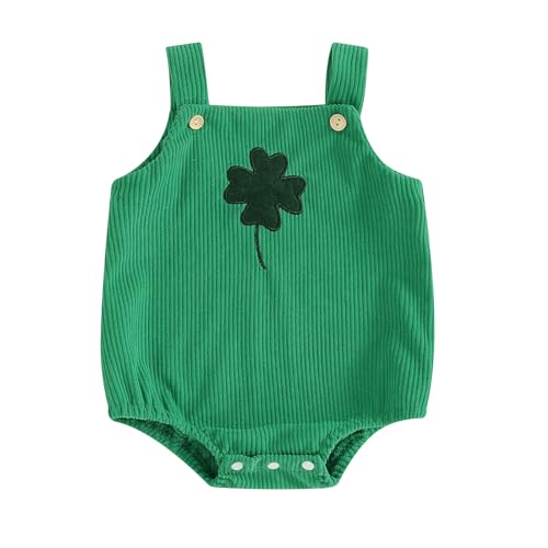 Image of My First St Patricks Day Baby Girl Boy Outfit Newborn Clover Romper Backless Sleeveless Corduroy Overalls