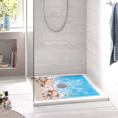Image of Square Shower Mat Non Slip: 36 x 36 Inch Extra Large Shower Mats with Drain Hole in Middle - PVC Loofah Anti Slip Shower Floor Matt for Inside Shower