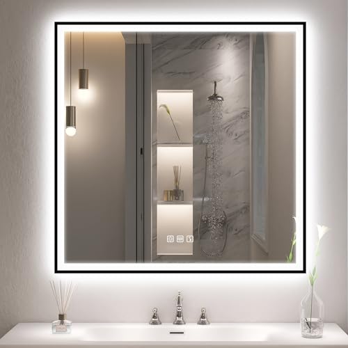 S'bagno Bluetooth Bathroom Mirror with Lighting, 80 x 80 cm, LED Bathroom Mirror with Anti-Fog, Tempered Glass, 3 Light Colours, Dimmable, IP44 Bathroom Mirror with Black Iron Frame