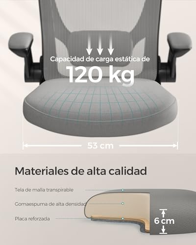 Miniatura 6 de Songmics Silla De Oficina, Silla De Escritorio De Malla, Silla Giratoria Ergonómica, Soporte Lumbar, Oscilante, Asiento De 53 Cm, Apoyabrazos Abatibles, Gris Pizarra Obn037g01