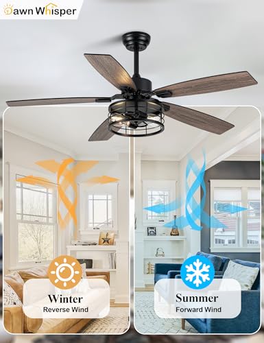 Image of Dawn Whisper 52 Inch Farmhouse Ceiling Fans with Lights and Remote Quiet and Reversible DC Motor Black Industrial Rustic Caged Ceiling Fan for Bedroom Living Room Covered Patio