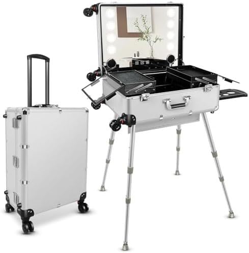 Profesional de gran tamaño Estuche De Maquillaje Con Ruedas Estuche De Tren De Maquillaje Con Carro De Aluminio Con 8 Luces LED, Organizador De Maquillaje Con Ruedas Estuche De Maquillaje Independient