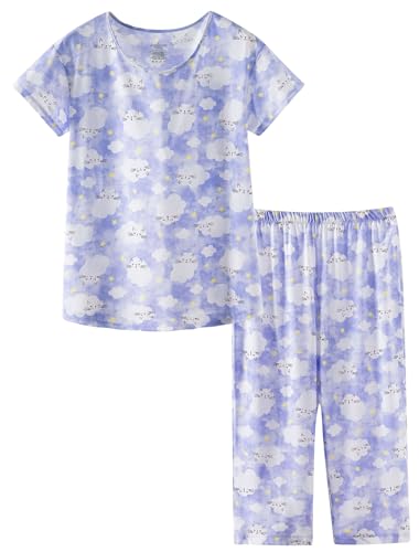 Image of CHUNG Women Cotton Pajama Sets Sleepwear pjs Short Sleeve Shirt Capri Length Crop Pants Cute Vivid Print