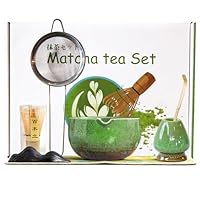 Qxeutm Matcha Set 7-teiliges Premium Matcha Tea Set mit Matcha Schale mit Ausgießer & Bambus-Chasen (100+ spitzen), Halter, Löffel, Sieb, Sacktuch, Komplettes ceremonial Matcha Starter Set (Grün)