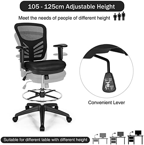 COSTWAY Mesh Drafting Chair, Ergonomic Swivel Office Chair with Adjustable Footrest, Height Adjustable Mid-Back Padded Executive Task Computer Desk Chairs (with Adjustable Armrests, Black)