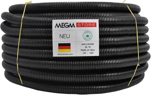 Megastore Flexibles Leerrohr Wellrohr mit Zugdraht 750N Schwarz | Klassifizierung M16 M20 M25 M32 M40 M50 Kabelschutz Schutz Rohr ungeschlitzt Außenbereich (M16-50m mit Zugdraht)