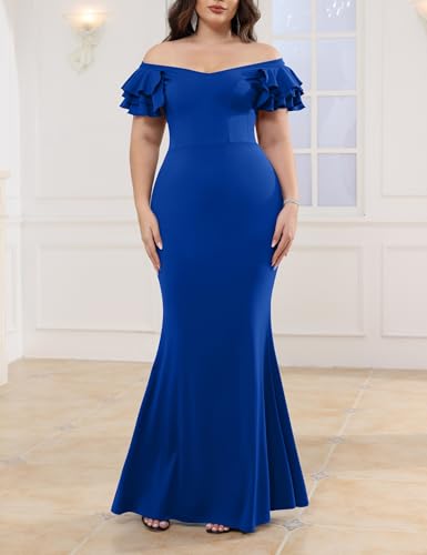 Image of Ekaliy Women's Plus Size Maxi Dress Elegant V-Neck Ruffle Sleeves Bodycon Mermaid Evening Gown