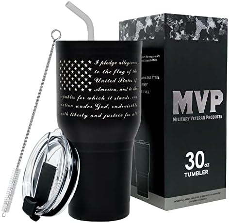 Military Gift Shop Pledge of Allegiance 30 oz Coffee Travel Mug | Double Wall Vacuum Insulated American Flag Coffee Tumbler | Stainless Steel Coffee Mug With Lid & Straw