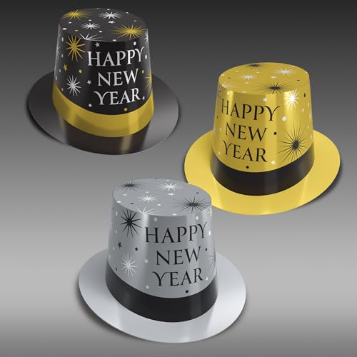 Beistle Black, Silver, & Gold New Year Hi-Hats – 25 Pack, Metallic Foil Party Top Hats, Wearable Printed Cardstock Headwear for NYE Celebrations, Countdown Parties, Office Events & Holiday Gatherings