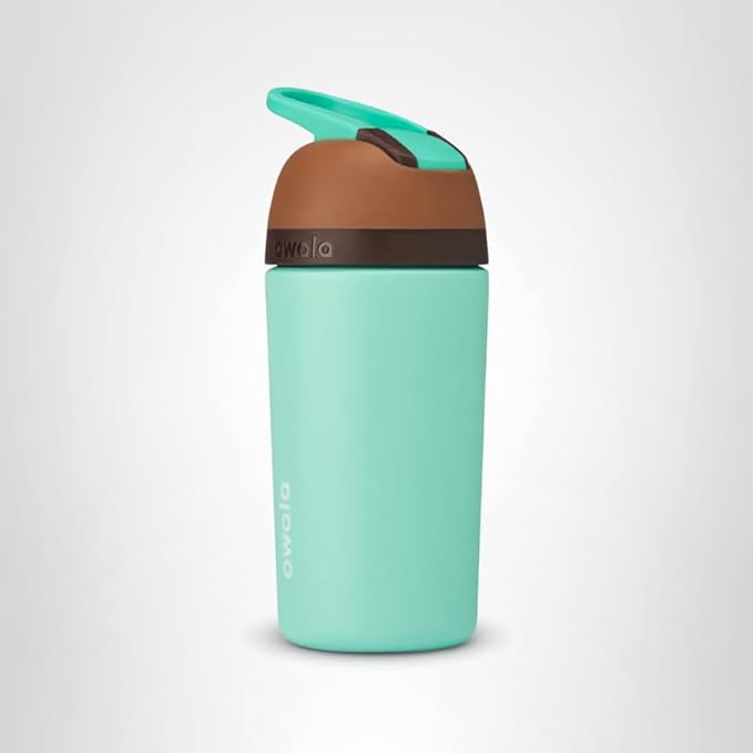 Owala Kids Flip Insulated Stainless-Steel Water Bottle with Straw and Locking Lid, 14-Ounce, Brown/Teal (Mint Chocolate Chip)