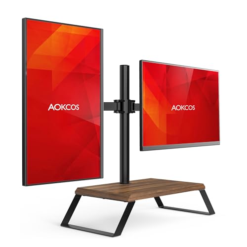 Image of AOKCOS Dual Monitor Stand Riser for 12-27 Inch Computer Screens, Freestanding Double Monitor Stand for Desk, Adjustable Dual Monitor Mount Each Arm Hold up to 22lbs, VESA 75x75 /100x100mm