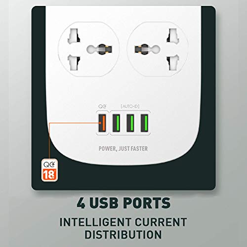 Image of INICIO QC3.0 Fast Charge Extension Board [ 18W QC3.0 + 3 USB Ports + 4 Universal Sockets ] 2500W 10A Power Strip Surge Protector with 2m Heavy Duty Indian 3 Pin Cord for Home Office Use