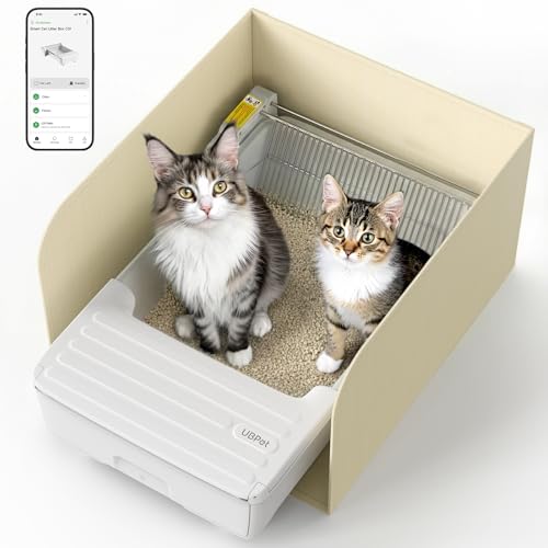 Image of UBPET Open-Top Automatic Cat Litter Box, Self Cleaning Litter Box for Multiple Cats, Weight Sensors Safety Protection, Smart APP Control, Odor-Free, Works with Bentonite Mineral Litter, Off-White