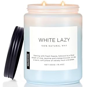 M&SENSE White Lazy Large Soy Jar Candles, Floral & Warm Cotton Scented Candles Home Decor 19.4oz 110 Hour Long Lasting Burning, Non Toxic Natural 2 Wick Relaxing Candle for Women Men MSS601L12