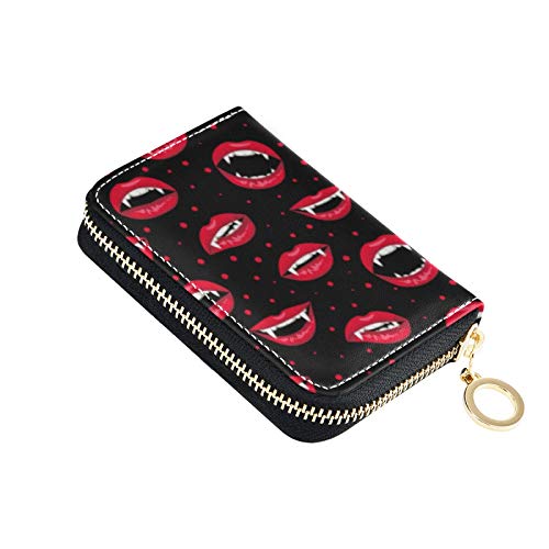 OTVEE Halloween Red Vampire Lips RFID Credit Card Wallet, Microfiber Leather Zipper Card Case Holder for Women