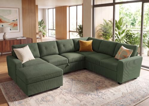Image of HONBAY Corduroy Sectional Sleeper Sofa with Pull Out Bed, 7 Seaters 106 Inch U Shaped Setional Couch for Living Room, Green