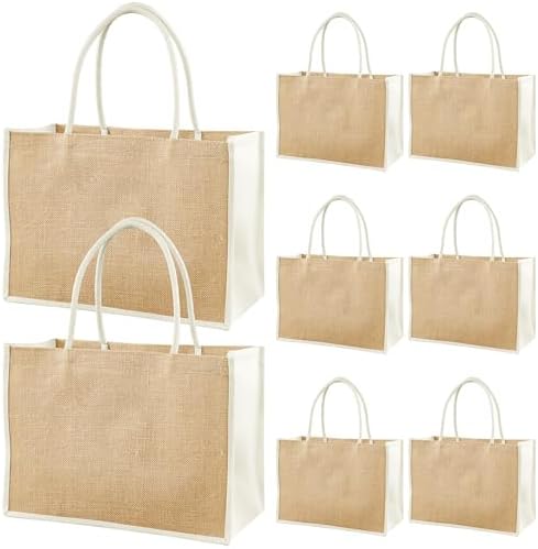 8 Pack Burlap Tote Gift Bags, Natural Jute Grocery Shopping Bags, Reusable Canvas Gift Favors Bag with Soft Handles, DIY Crafts Bags for Bridesmaid Wedding, Beach Trip(12.6 x 8.3 x 5 Inch)