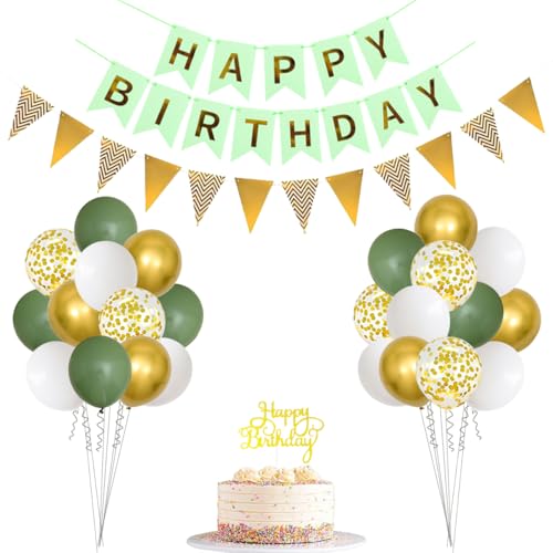 Sage Green Birthday Party Decorations, Retro Green White Metallic Gold Confetti Balloons, Happy Birthday Banner, Cake Topper for Neutral Rustic Boho Blush Safari Botanical Greenery Wild Décor Supplies