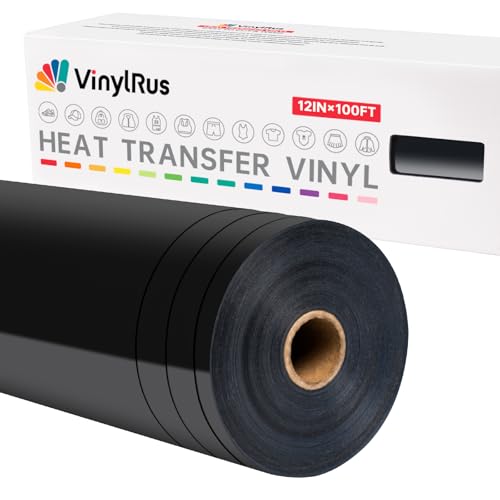 VinylRus Heat Transfer Vinyl-12 x 100ft Black Iron on Vinyl Roll for Shirts, HTV Vinyl for Silhouette Cameo, Easy to Cut & Weed