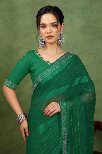Image of MIRCHI FASHION Saree for Woman Georgette Solid with Satin Stripes | Stone Border Farewell and Ceremonial Sari with Blouse Piece