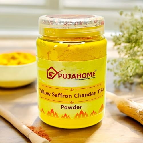 Image of Yellow Saffron Chandan Tika Powder - 100 Gram | Safe for Skin | Long-Lasting Fragrance | Ideal for Daily Pooja, Tilak Religious, Hawan Spiritual & Traditional Use