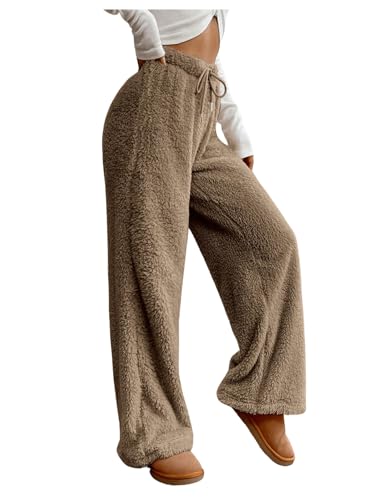 Women's Drawstring High Waisted Fuzzy Pants Cozy Wide Leg Casual Lounge Trousers