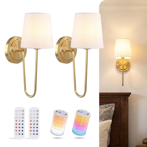 Image of CLOUDY BAY 10000mAh Battery Operated Wall Sconces,Up to 100 Hours with Rechargeable RGB Dimmable Magnetic Bulb,Cordless Wall Lighting Fixtures with Remote for Bedroom,Soft Gold,2 Pack-15.4in