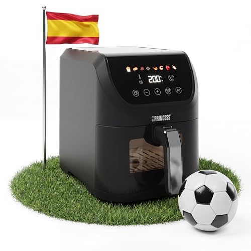 Princess Slim Airfryer 5,5 L - 1500 W - silencioso (55 db) - Diseño compacto - Sin aceite - 8 programas de cocina - Termostato ajustable - Recubrimiento antiadherente, Pilotos de color