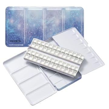 MEEDEN Empty Watercolor Tin Palette Paint Case, Large Purple Galaxy Metal Box with 52 Pcs Half Pans