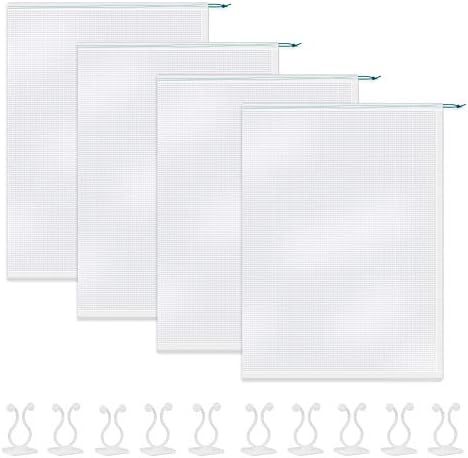 Bbuyagain 4 Pack Insect Bird Barriers Net Mesh with Draw string, 3.5Ftx2.3Ft and Climbing Wall Fixtures Clips 10 pcs Self-Adhesive Hooks