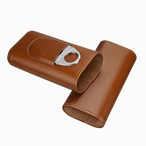 Cgaplus 3-Finger Leather Cigar Case With Cutter Cedar Wood Lined Cigar Humidor Portable Travel Cigar Case(Brown) #TOP3