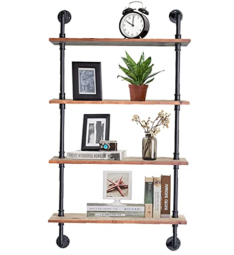 Industrial-Pipe-Shelving-24inch-Pipe-Shelves-with-Wood-Planks-4-Tier-Floating-Shelves-Wall-Mounted-Steampunk-Real-Wood-Book-Shelves-Retro-Rustic-Industrial-Shelf-for-Bar-Kitchen-Living-Room Industrial Pipe Shelving 24inch Pipe Shelves with Wood Planks 4 Tier Floating Shelves Wall Mounted Steampunk Real Wood Book Shelves Retro Rustic Industrial Shelf for Bar Kitchen Living Room