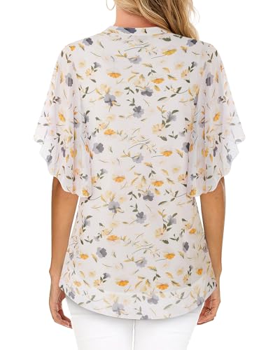 Image of Timeson Women's Short Sleeve V Neck Blouses Shirts Floral Double Layers Mesh Tunics Tops