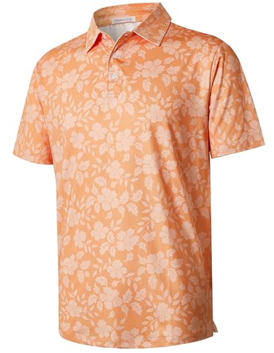 zeetoo Mens Polo Shirts Short Sleeve Moisture Wicking Performance Golf Shirt with Print Athletic Casual Work Golf Polos Orange Flower XL