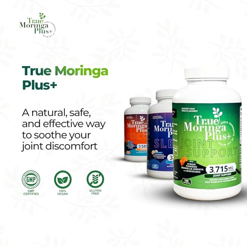True Moringa Plus+ Joint Support Supplement 10:1 Extract | 20,000mg of Organic Moringa, Turmeric Curcumin, Ginger, Boswellia, BioPerine | Extra Strength Herbal Antioxidant for Adults (150 Capsules)