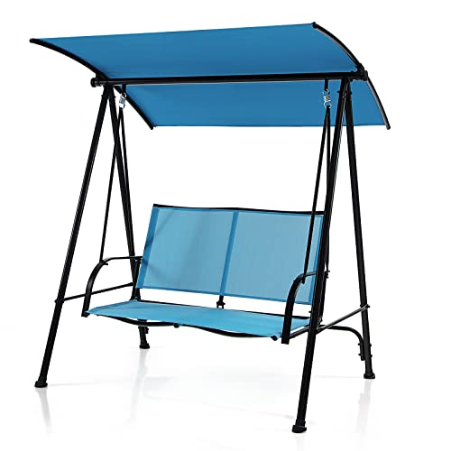 Image of Tangkula 2 Person Porch Swing, Patio Swing with Adjustable Canopy, Comfortable Fabric Seat & Heavy-Duty Steel Frame, Outdoor Canopy Swing for Patio, Garden, Poolside (Navy Blue)