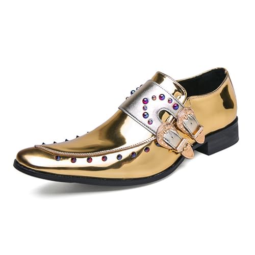 Men's Patent Leather Pointed Dual Monk Straps Loafers Rivets Slip-on Non-Slip Waterproof Arch Support Oxford Formal Business Dress Shoes