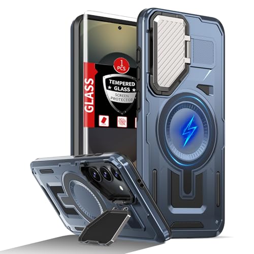 FRLMOOES for Samsung Galaxy S25 Case Compatible with MagSafe Magnetic Wireless Charging,Built-in Camera Cover Kickstand,with Screen Protector,Shockproof Scratch-Resistant Heavy Duty Protection Blue